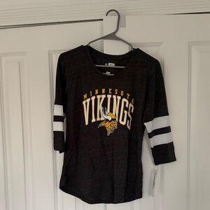 NFL Minnesota Vikings Black Tee with White Sleeve Stripes and Yellow Logo